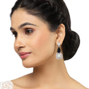 Rhodium-Plated Navy Blue & White American Diamond studded Square & Teardrop Drop Earrings