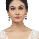 Rose Gold-Plated Gunmetal Toned Navy Blue American Diamond Teardrop & Leaf Shaped Drop Earrings