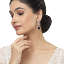 Rose Gold-Plated Gunmetal Toned Navy Blue American Diamond Teardrop & Leaf Shaped Drop Earrings