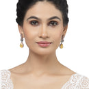 Rose Gold-Plated Gunmetal Toned Yellow American Diamond studded Teardrop & Leaf Shaped Drop Earrings