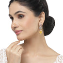 Rose Gold-Plated Gunmetal Toned Yellow American Diamond studded Teardrop & Leaf Shaped Drop Earrings