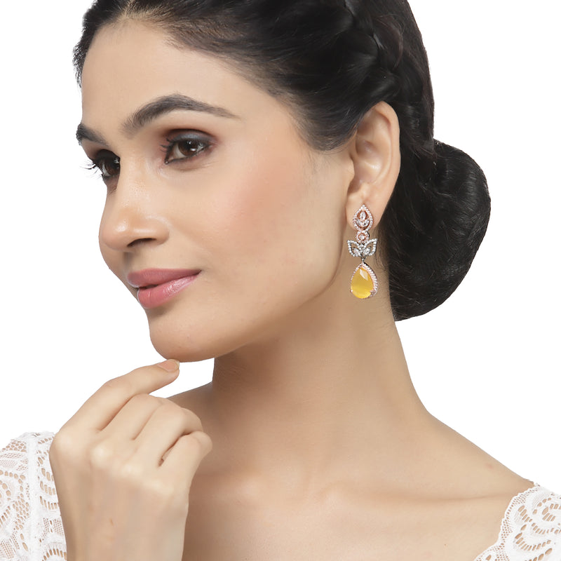 Rose Gold-Plated Gunmetal Toned Yellow American Diamond studded Teardrop & Leaf Shaped Drop Earrings