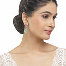 Rose Gold-Plated Gunmetal Toned Sea Green American Diamond Teardrop & Leaf Shaped Drop Earrings