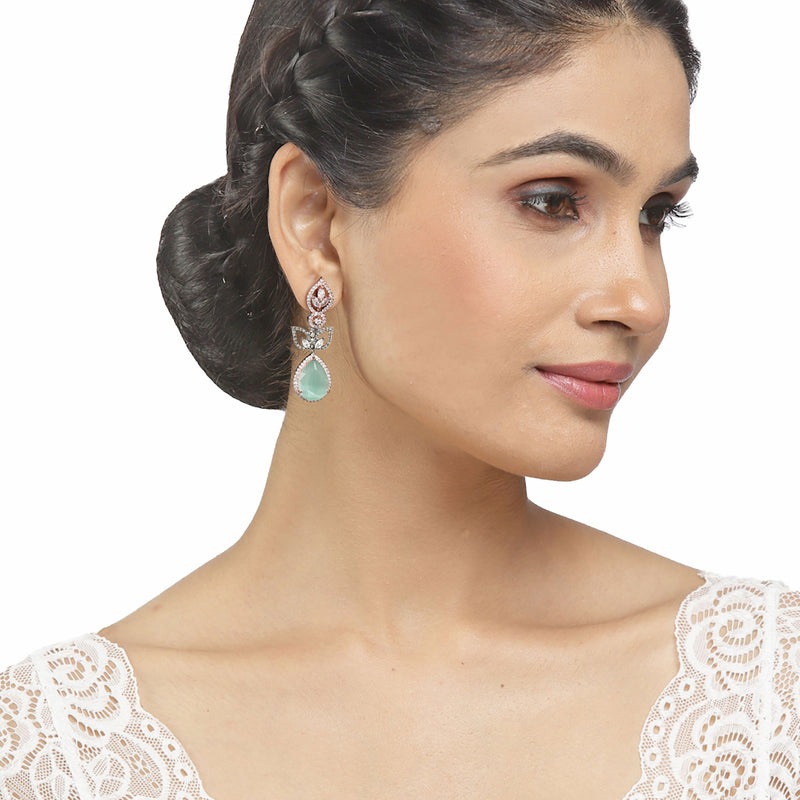 Rose Gold-Plated Gunmetal Toned Sea Green American Diamond Teardrop & Leaf Shaped Drop Earrings
