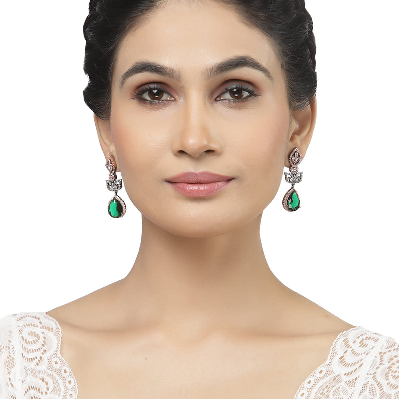 Rose Gold-Plated Gunmetal Toned Green American Diamond studded Teardrop & Leaf Shaped Drop Earrings