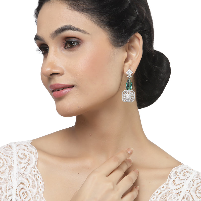 Rhodium-Plated Green & White American Diamond studded Square & Teardrop Drop Earrings