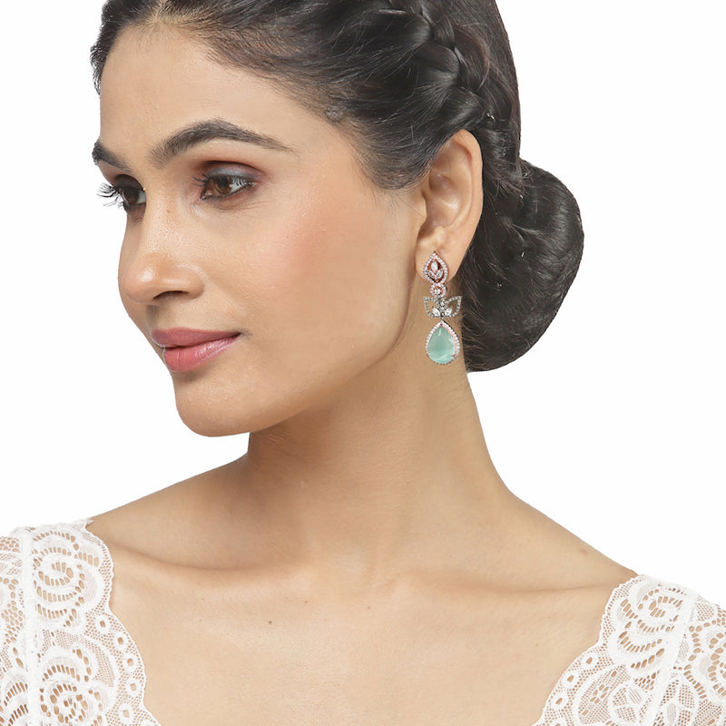 Rose Gold-Plated Gunmetal Toned Sea Green American Diamond Teardrop & Leaf Shaped Drop Earrings