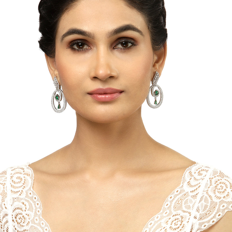 Rhodium-Plated Green & White American Diamond studded Oval Shaped Drop Earrings
