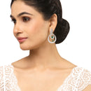 Rhodium-Plated Green & White American Diamond studded Oval Shaped Drop Earrings