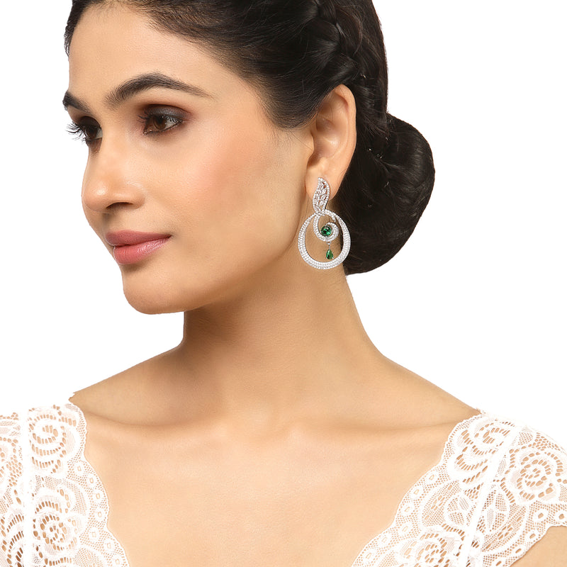 Rhodium-Plated Green & White American Diamond studded Oval Shaped Drop Earrings