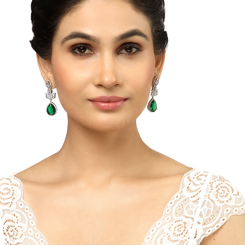 Rhodium-Plated Green American Diamond studded Teardrop & Leaf Shaped Drop Earrings