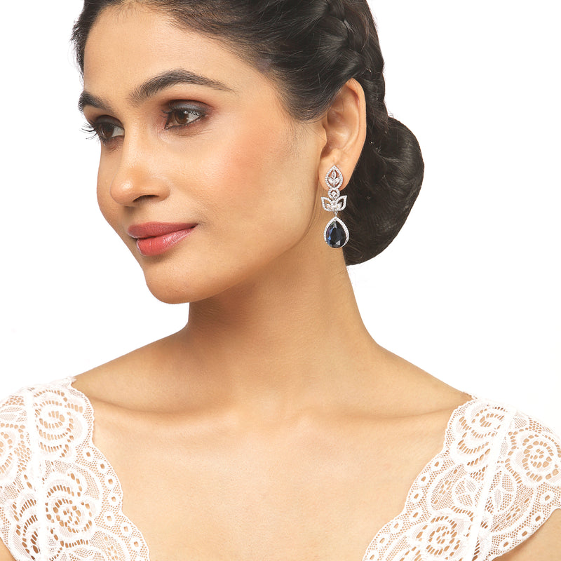Rhodium-Plated Navy Blue American Diamond studded Teardrop & Leaf Shaped Drop Earrings