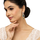 Rhodium-Plated Green & White American Diamond studded Handcrafted Teardrop Shaped Drop Earrings