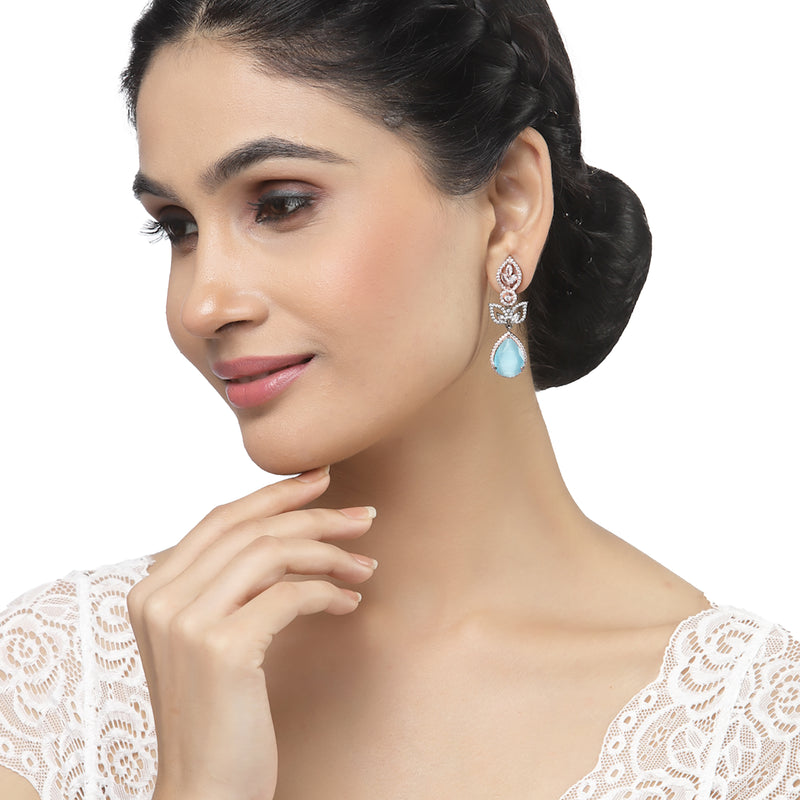 Rose Gold-Plated Gunmetal Toned Sky Blue American Diamond studded Teardrop & Leaf Shaped Drop Earrings