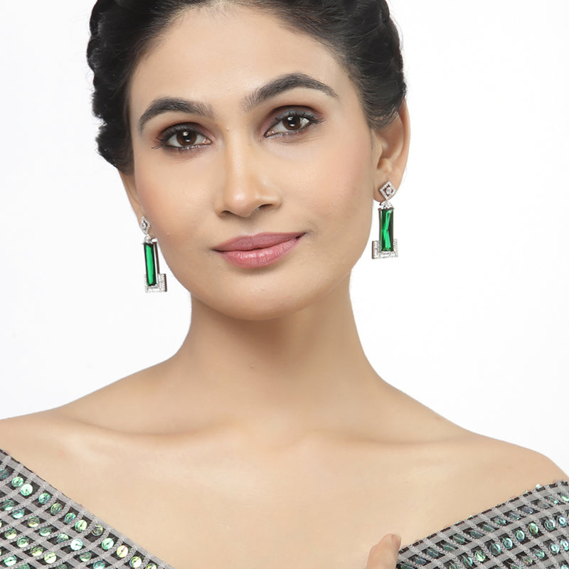 Rhodium-Plated Green American Diamond studded Rectangular Shaped Drop Earrings