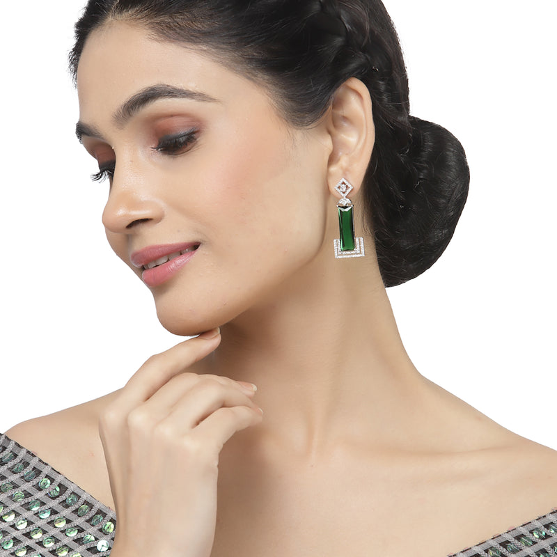 Rhodium-Plated Green American Diamond studded Rectangular Shaped Drop Earrings