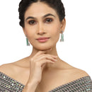 Rhodium-Plated Sea Green American Diamond studded Rectangular Shaped Drop Earrings