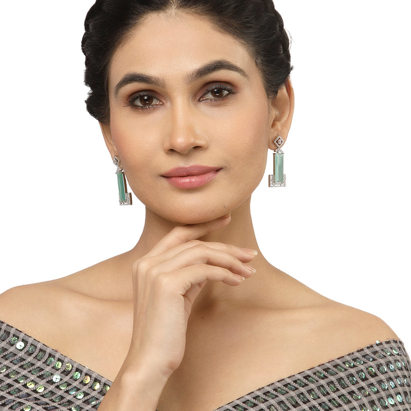 Rhodium-Plated Sea Green American Diamond studded Rectangular Shaped Drop Earrings