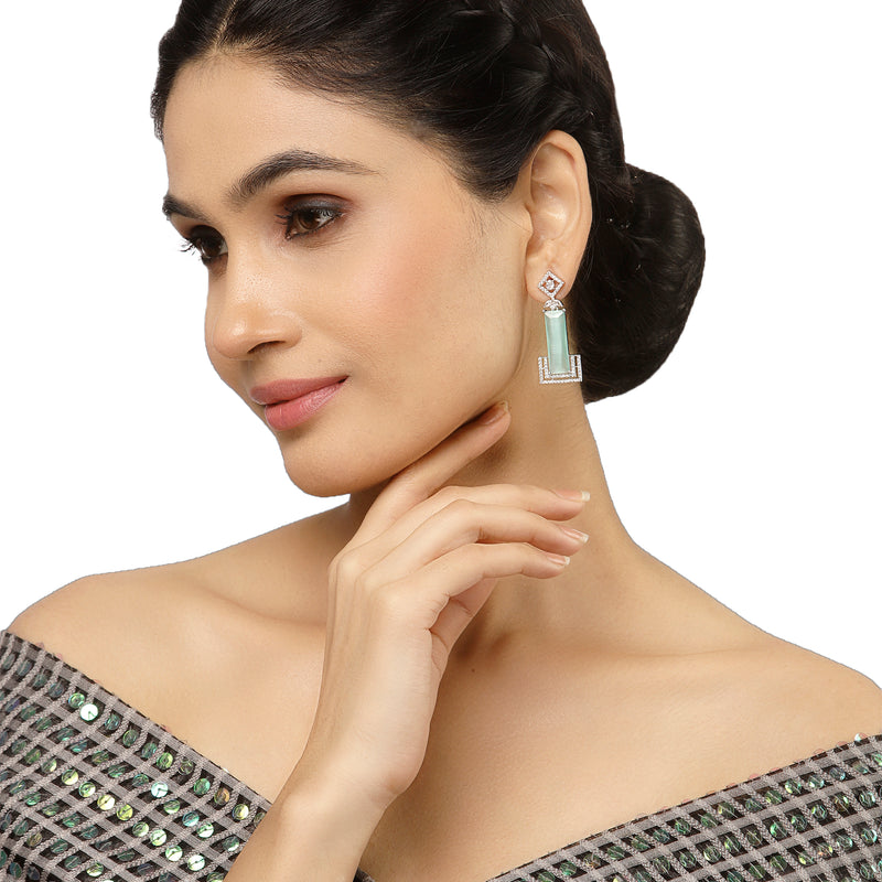 Rhodium-Plated Sea Green American Diamond studded Rectangular Shaped Drop Earrings