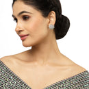 Rhodium-Plated Sea Green & White American Diamond studded Floral Shaped Handcrafted Stud Earrings