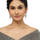 Rhodium-Plated Sea Green & White American Diamond studded Handcrafted Teardrop Shaped Drop Earrings