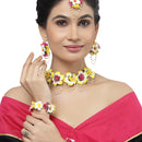 Gold-Plated Pink-White-Yellow Floral White Pearls Beaded Haldi & Mehendi Jewellery Set with Maang Tikka & Haathphool