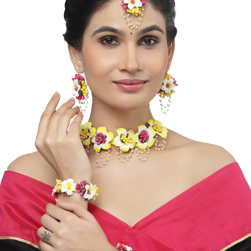 Gold-Plated Pink-White-Yellow Floral White Pearls Beaded Haldi & Mehendi Jewellery Set with Maang Tikka & Haathphool