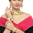 Gold-Plated Pink-White-Yellow Floral White Pearls Beaded Haldi & Mehendi Jewellery Set with Maang Tikka & Haathphool