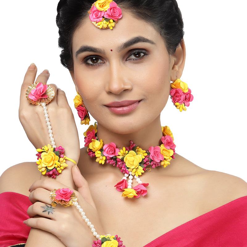 Gold-Plated Red-Pink Gota Patti Floral White Pearls Beaded Haldi & Mehendi Jewellery Set with Maang Tikka & Haathphool Ring