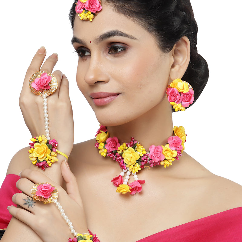 Gold-Plated Red-Pink Gota Patti Floral White Pearls Beaded Haldi & Mehendi Jewellery Set with Maang Tikka & Haathphool Ring