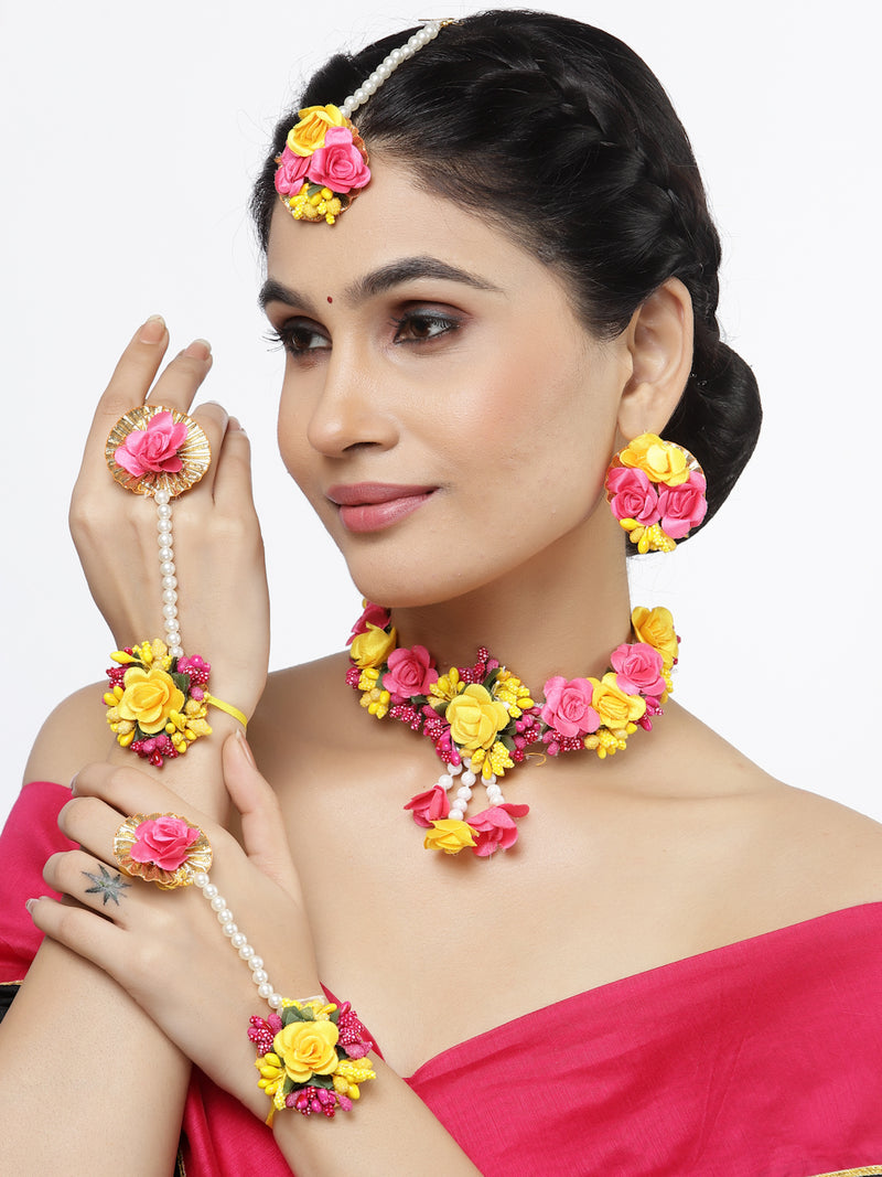 Gold-Plated Red-Pink Gota Patti Floral White Pearls Beaded Haldi & Mehendi Jewellery Set with Maang Tikka & Haathphool Ring