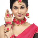 Gold-Plated Red Gota Patti Floral White Pearls Beaded Haldi & Mehendi Jewellery Set with Maang Tikka & Haathphool Ring