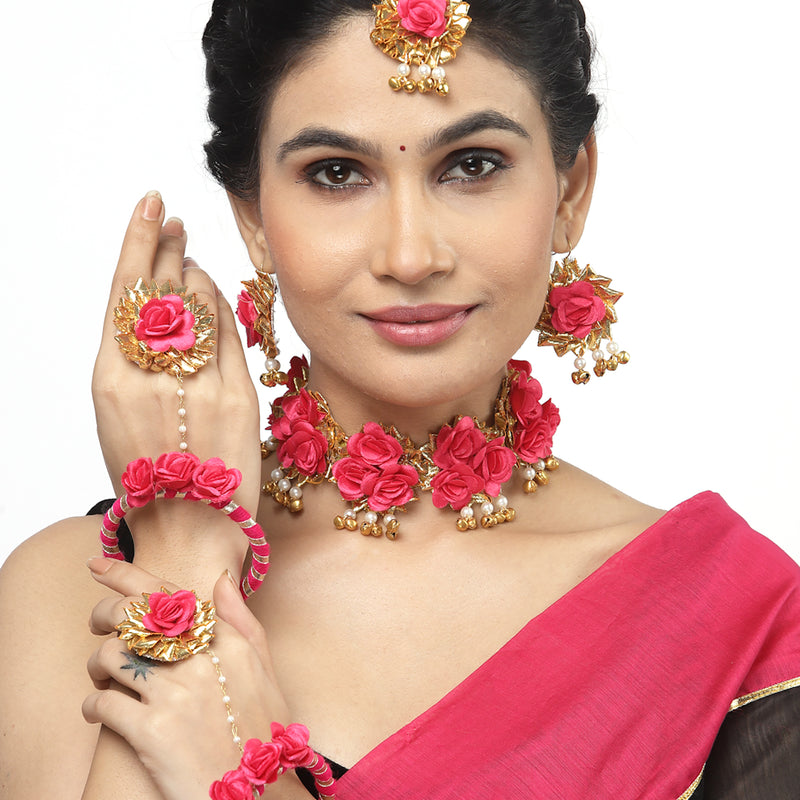 Gold-Plated Red Gota Patti Floral White Pearls Beaded Haldi & Mehendi Jewellery Set with Maang Tikka & Haathphool Ring