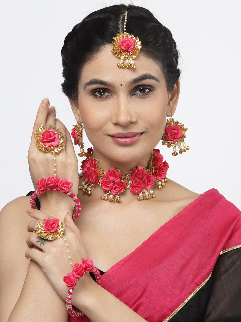 Gold-Plated Red Gota Patti Floral White Pearls Beaded Haldi & Mehendi Jewellery Set with Maang Tikka & Haathphool Ring
