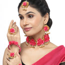 Gold-Plated Red Gota Patti Floral White Pearls Beaded Haldi & Mehendi Jewellery Set with Maang Tikka & Haathphool Ring