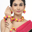 Gold-Plated Pink-Yellow Gota Patti Floral White Pearls Beaded Haldi & Mehendi Jewellery Set with Maang Tikka & Haathphool
