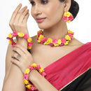 Gold-Plated Pink-Yellow Gota Patti Floral White Pearls Beaded Haldi & Mehendi Jewellery Set with Maang Tikka & Haathphool