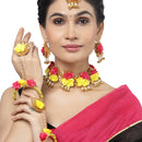 Gold-Plated Red-Yellow Gota Patti Floral White Pearls Beaded Haldi & Mehendi Jewellery Set with Maang Tikka & Haathphool Ring