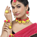 Gold-Plated Red-Yellow Gota Patti Floral White Pearls Beaded Haldi & Mehendi Jewellery Set with Maang Tikka & Haathphool Ring