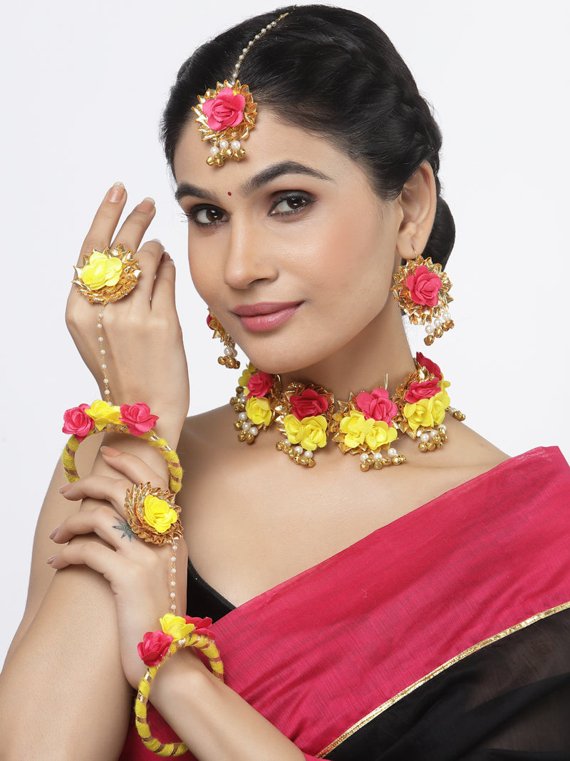 Gold-Plated Red-Yellow Gota Patti Floral White Pearls Beaded Haldi & Mehendi Jewellery Set with Maang Tikka & Haathphool Ring