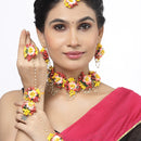 Gold-Plated Multi-Colour Floral White Pearls Beaded Haldi & Mehendi Jewellery Set with Maang Tikka & Haathphool Ring