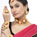 Gold-Plated Multi-Colour Floral White Pearls Beaded Haldi & Mehendi Jewellery Set with Maang Tikka & Haathphool Ring
