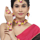 Gold-Plated Pink-Yellow Floral White Pearls Beaded Haldi & Mehendi Jewellery Set with Maang Tikka & Haathphool Ring