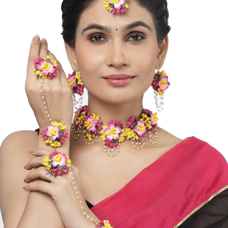 Gold-Plated Pink-Yellow Floral White Pearls Beaded Haldi & Mehendi Jewellery Set with Maang Tikka & Haathphool Ring