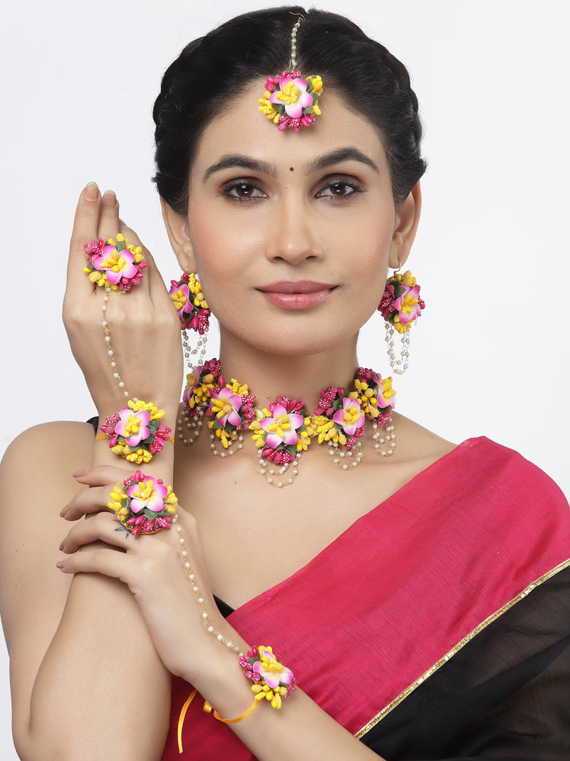 Gold-Plated Pink-Yellow Floral White Pearls Beaded Haldi & Mehendi Jewellery Set with Maang Tikka & Haathphool Ring