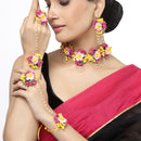Gold-Plated Pink-Yellow Floral White Pearls Beaded Haldi & Mehendi Jewellery Set with Maang Tikka & Haathphool Ring