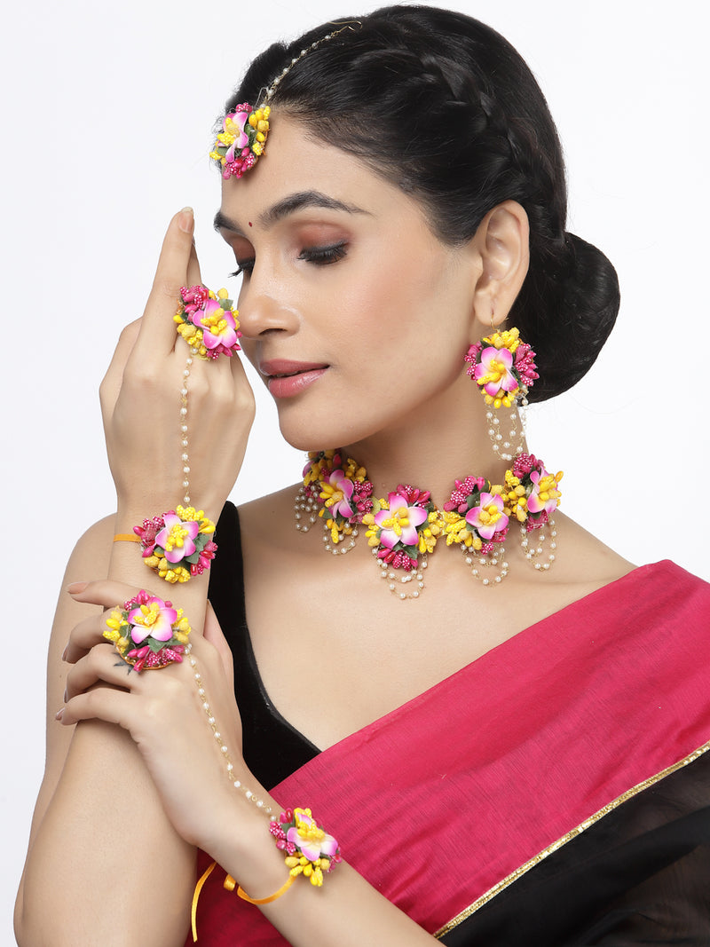 Gold-Plated Pink-Yellow Floral White Pearls Beaded Haldi & Mehendi Jewellery Set with Maang Tikka & Haathphool Ring