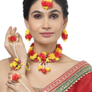 Gold-Plated Red-Yellow Gota Patti Floral White Pearls Beaded Haldi & Mehendi Jewellery Set with Maang Tikka & Haathphool Ring