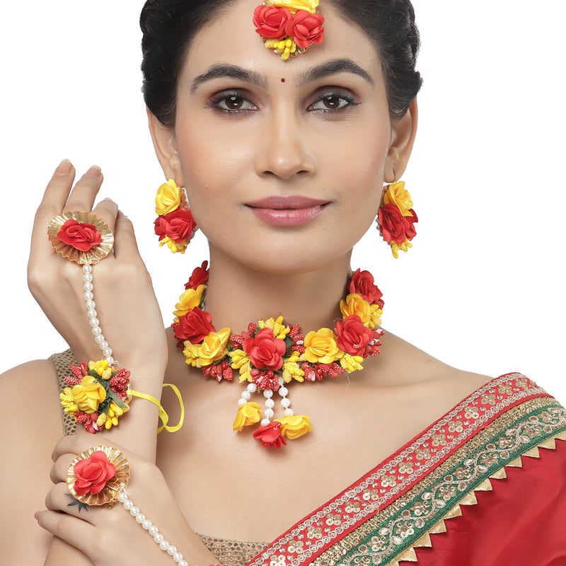 Gold-Plated Red-Yellow Gota Patti Floral White Pearls Beaded Haldi & Mehendi Jewellery Set with Maang Tikka & Haathphool Ring