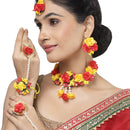 Gold-Plated Red-Yellow Gota Patti Floral White Pearls Beaded Haldi & Mehendi Jewellery Set with Maang Tikka & Haathphool Ring